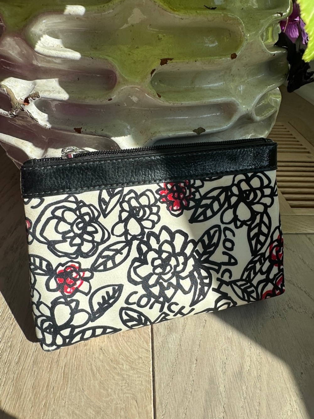 Coach Black, White & Red Floral Wristlet Pouch - Picture 3 of 5